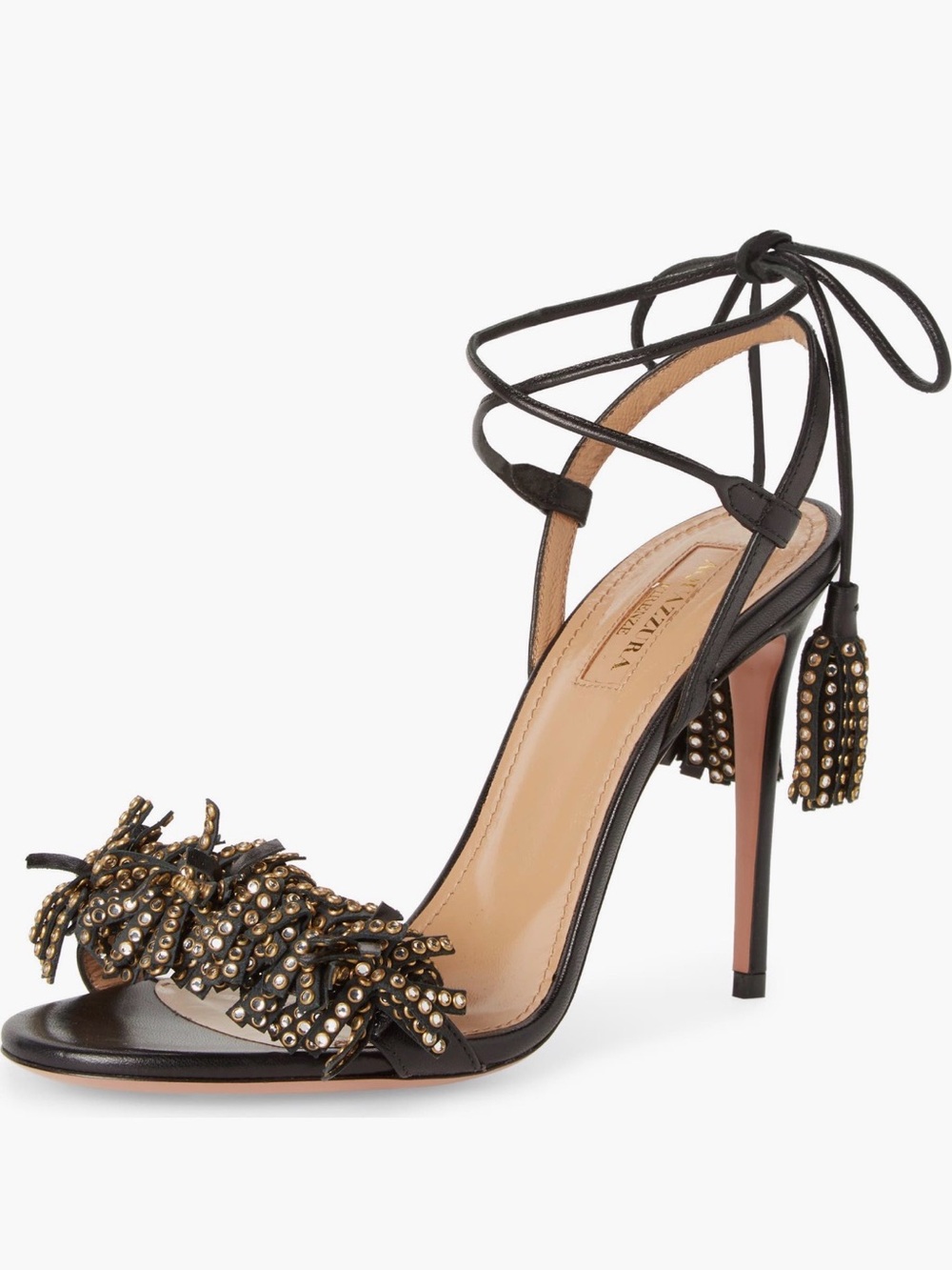 Aquazzura Black Leather Studded Lace-Up Stiletto Sandals